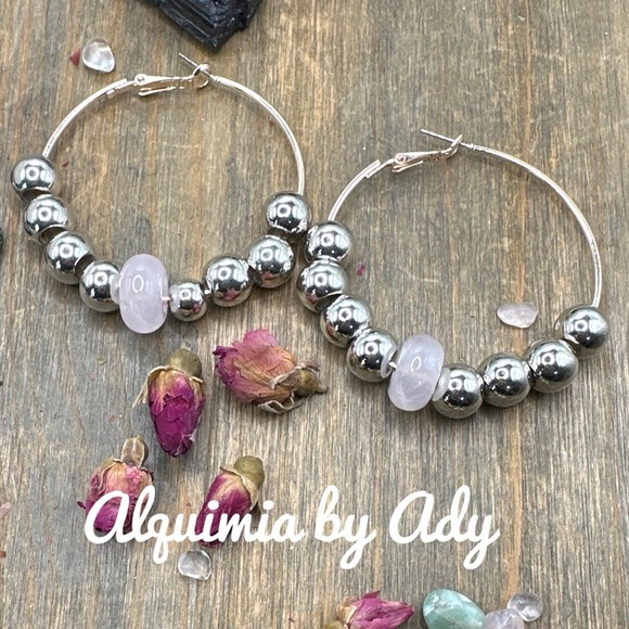 Silver pink Quartz statement hoops earrings/big chunky charms bohemian - Picture 1 of 5